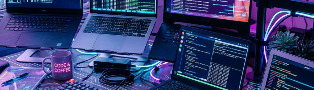 Five laptops on a desk showing coding and terminal windows in a home office setup